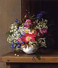 Adelheid Dietrich Canvas Paintings - Still Life with Dog Roses_ Larkspur and Bell Flowers in a White Cup